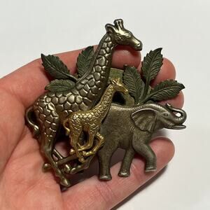 Vintage Mixed Metal Safari Animal Brooch, Elephant & Giraffes